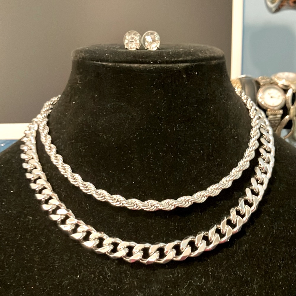 Silver Necklace and Earring Set twisted rope link and rhinestones Silver tone